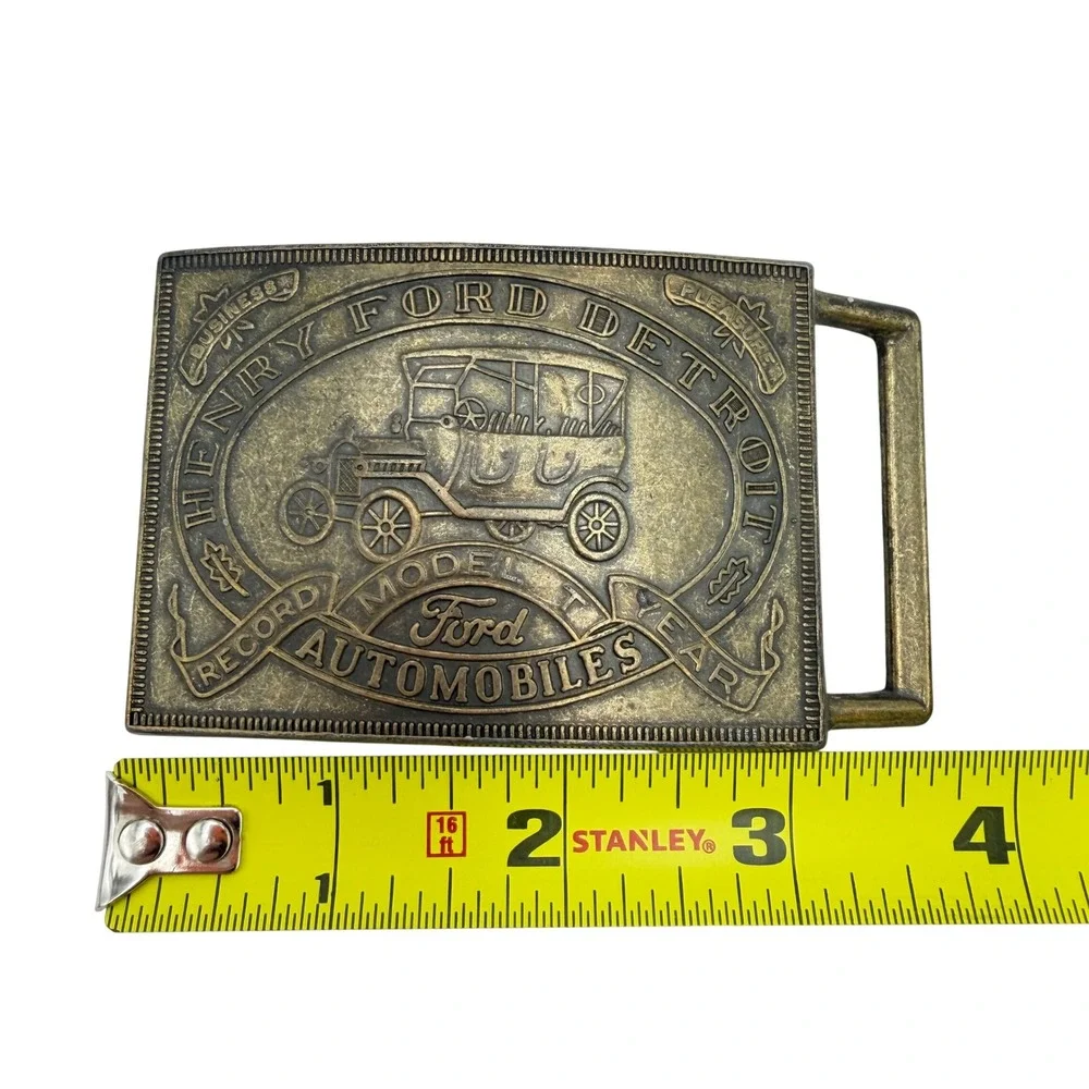 Vtg Henry Ford Detroit Model T Brass Record Year Retro Brass Belt Buckle Western
